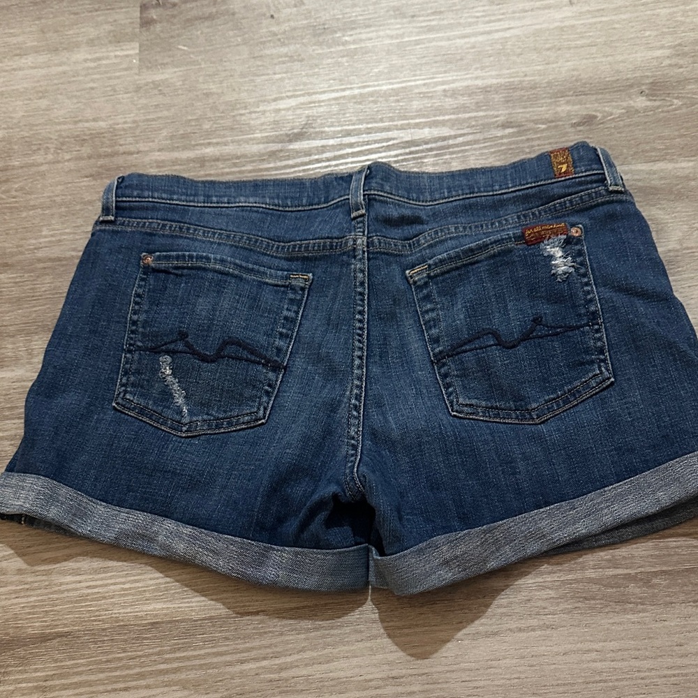 7 For All Mankind Dark Blue Distressed Jean Shorts - Picture 3 of 5